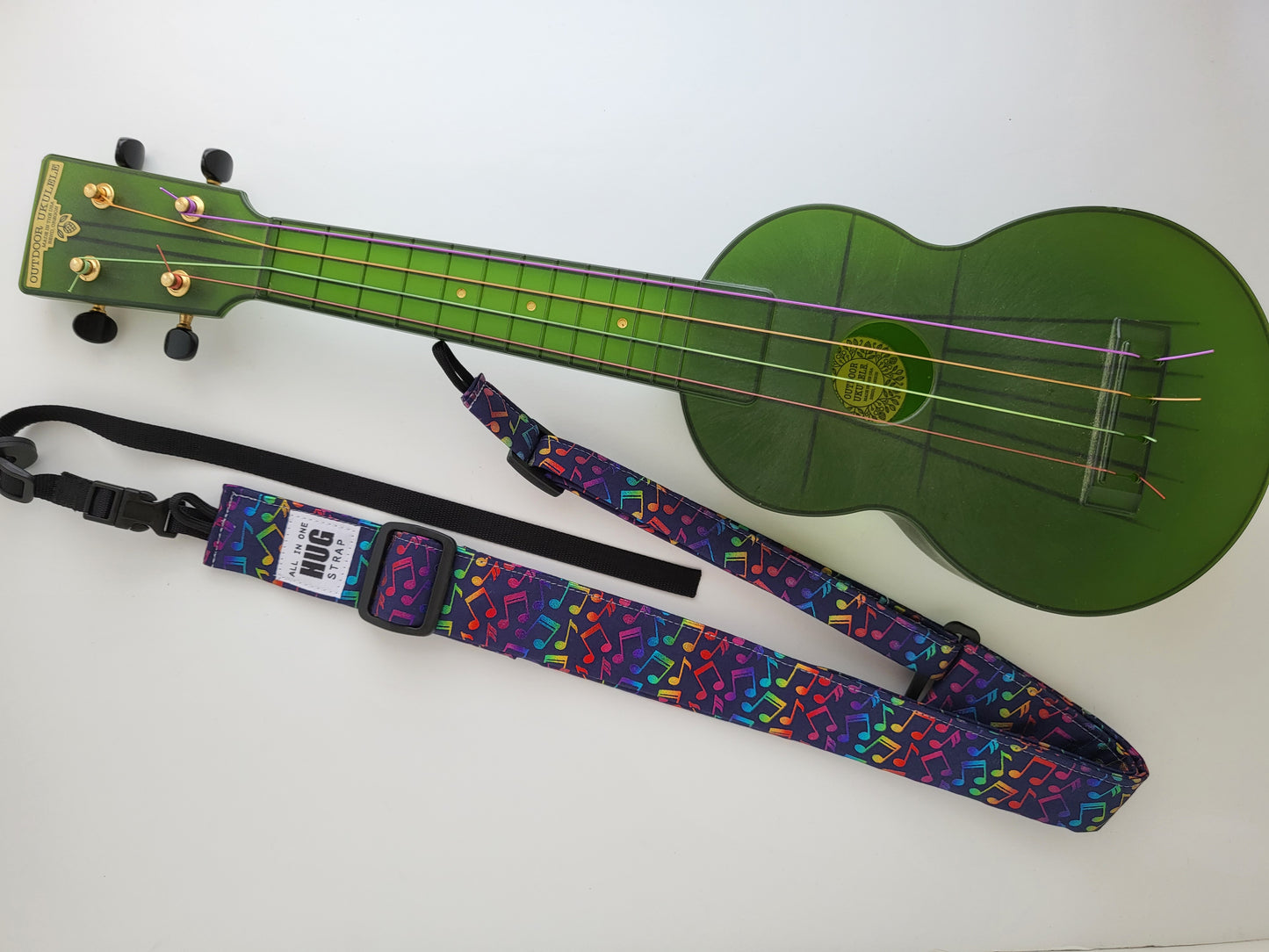Ukulele Strap ALL in ONE Hug - Ombre Rainbow Music Notes Navy - Limited Edition Print