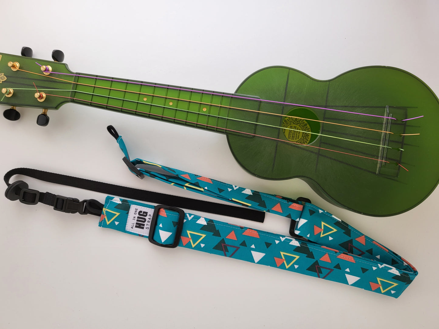 Ukulele Strap ALL in ONE Hug - Triangles on Teal - Limited Edition print